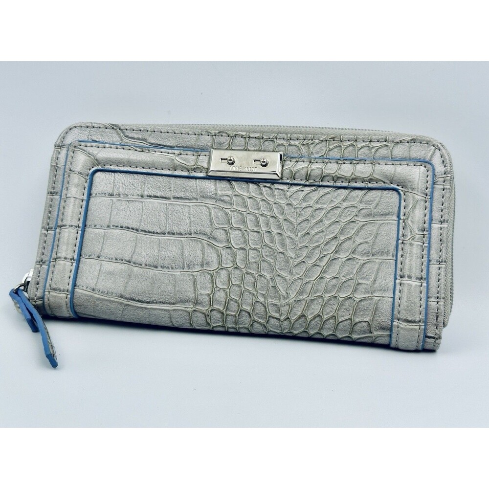 Nine West Faux Croc Y2K Metallic Embossed Silver Zip-Around Organizer Wallet